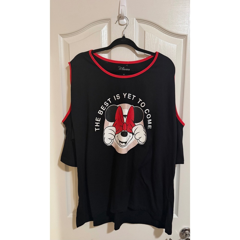 Disney Minnie Mouse Women's Plus 2X Black Red Graphic Cold Shoulder Tee NWOT